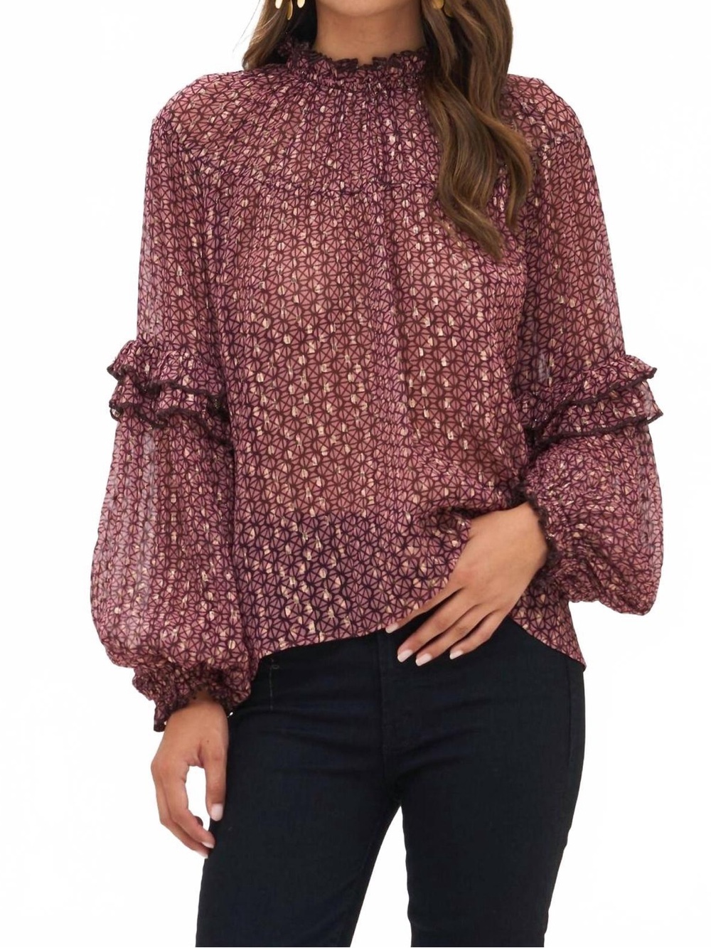 Oliphant XS Ruffle Sleeve Lurex Blouse In Morocco Petal Pink Gold Top Women’s
